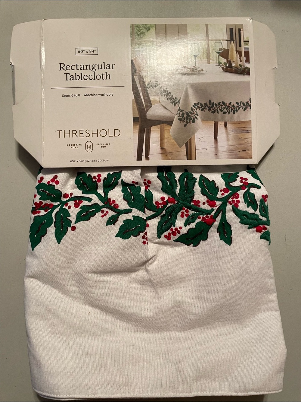 Threshold White Rectangular Tablecloth with Green Holly Embroidery Damaged pack